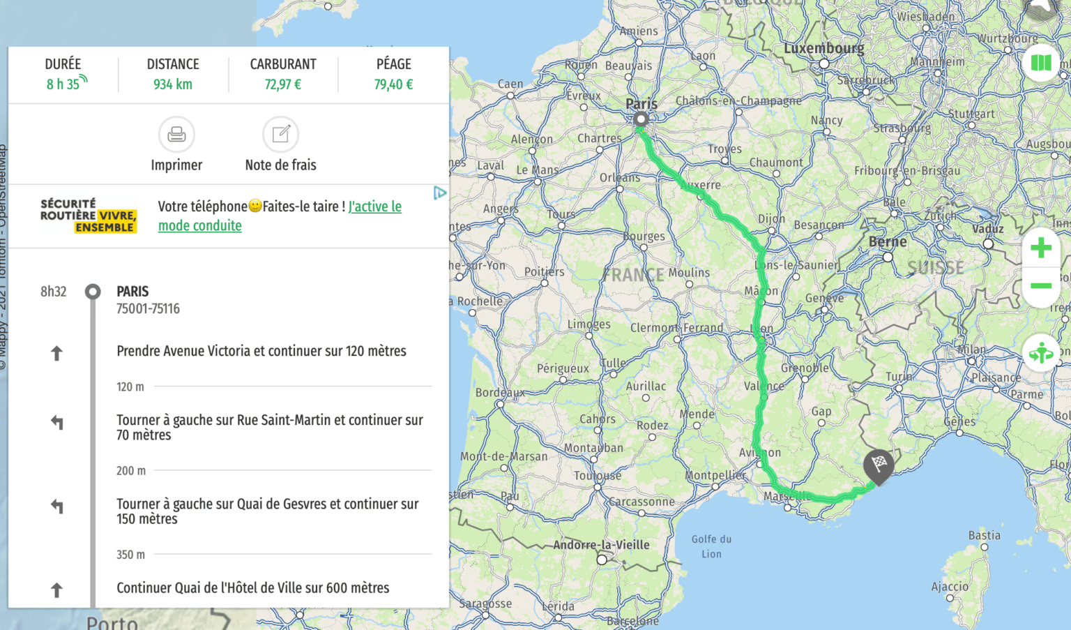 Calculer le coût d'un trajet en voiture planifié avec Itinéraire Mappy