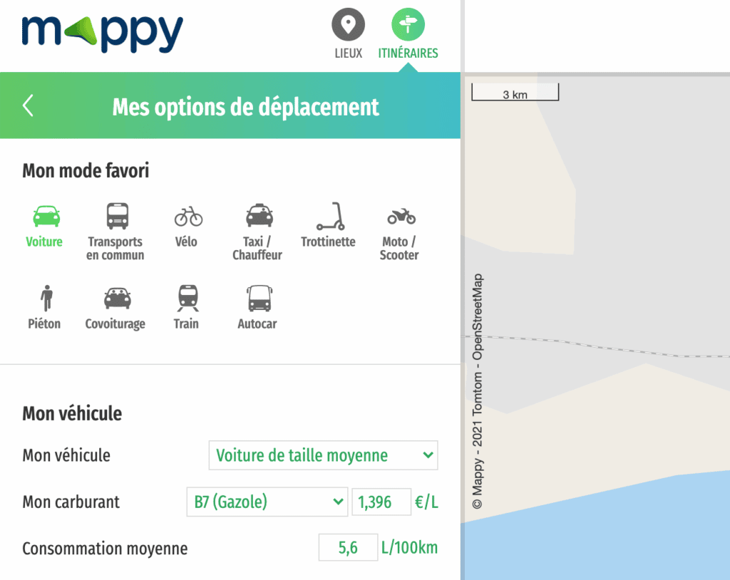 Options de déplacement dans Itinéraire Mappy