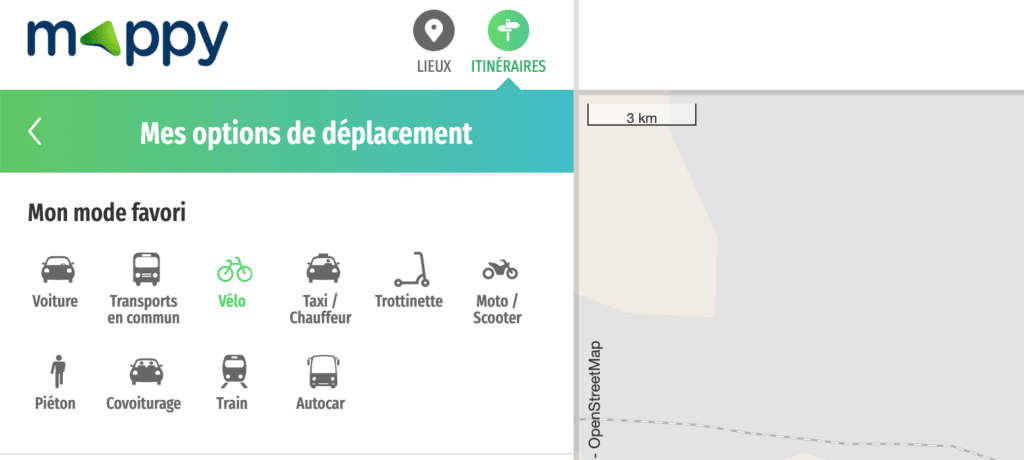 Sélectionner mode de déplacement vélo dans Itinéraire Mappy
